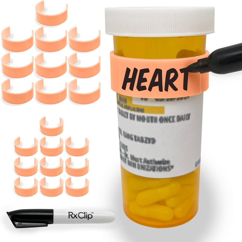 RxClip 20 Pack Medicine Bottle Label Clips for Easy Medication Identification - 20ct Multipack with Marker (Peach) - Image 1